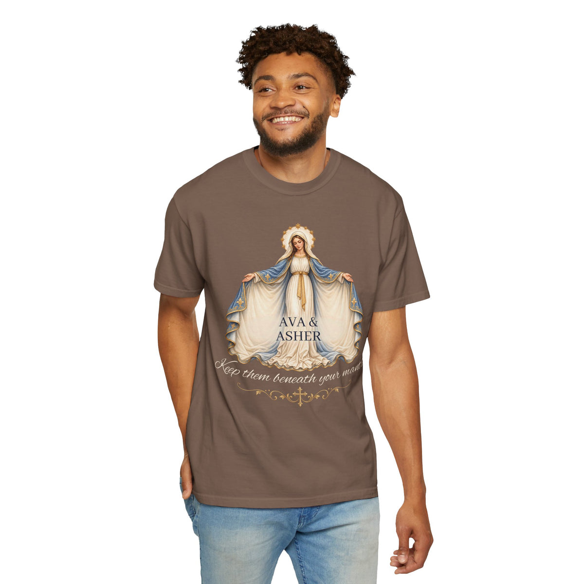 Personalized Marian Mantle Comfort Colors Tee – “Keep Them Beneath Your Mantle” Catholic Shirt