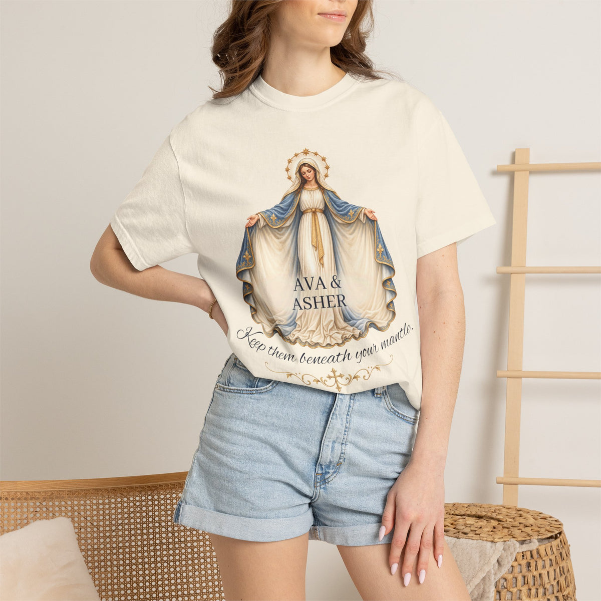 Personalized Marian Mantle Comfort Colors Tee – “Keep Them Beneath Your Mantle” Catholic Shirt