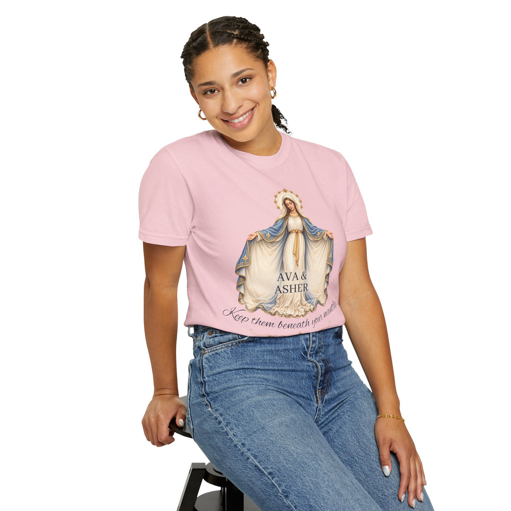 Personalized Marian Mantle Comfort Colors Tee – “Keep Them Beneath Your Mantle” Catholic Shirt