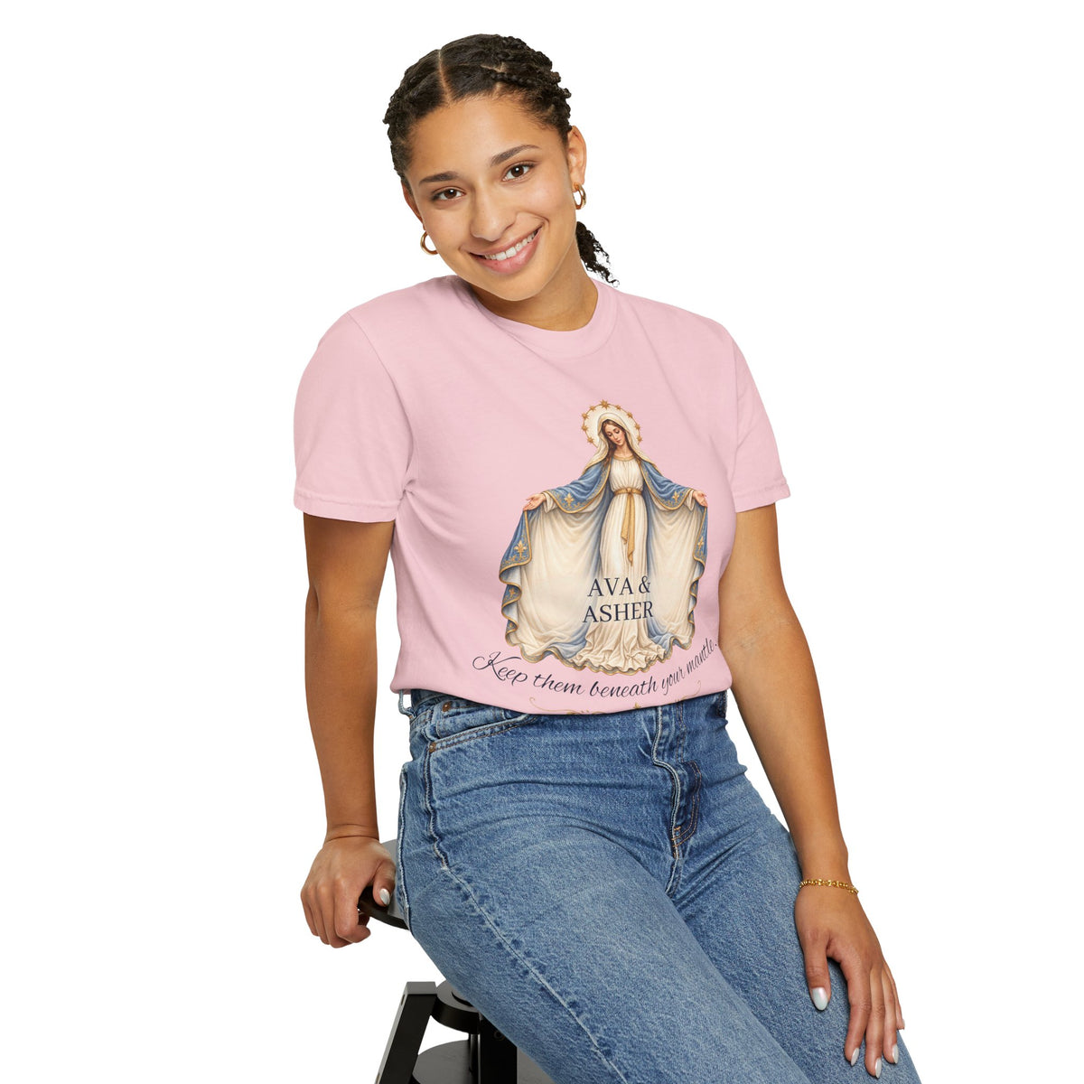 Personalized Marian Mantle Comfort Colors Tee – “Keep Them Beneath Your Mantle” Catholic Shirt
