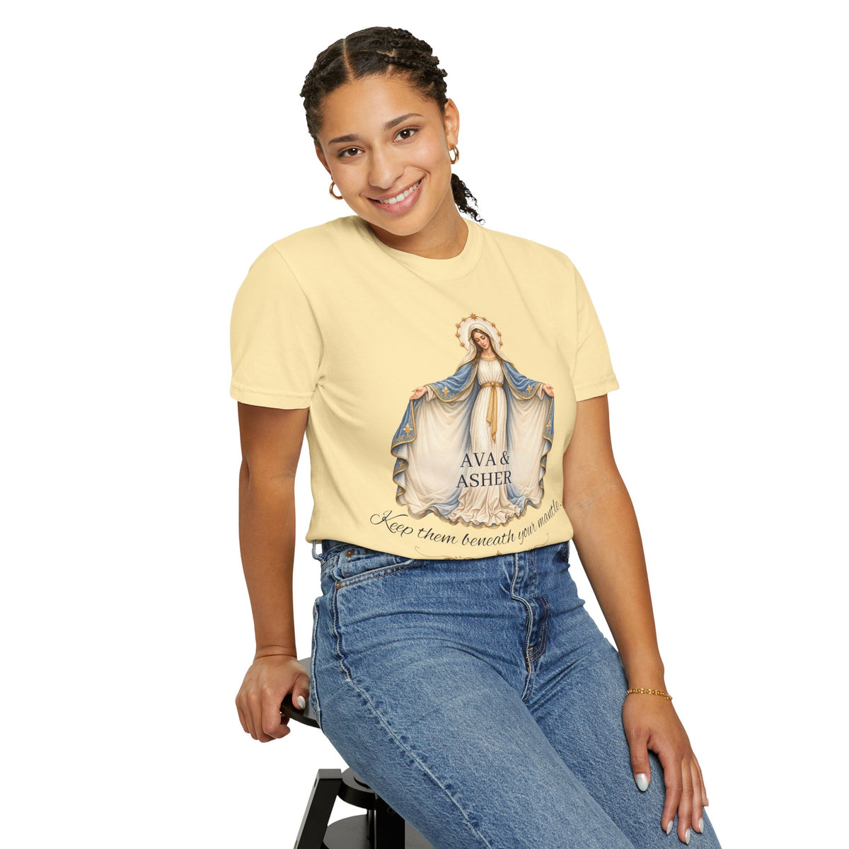 Personalized Marian Mantle Comfort Colors Tee – “Keep Them Beneath Your Mantle” Catholic Shirt