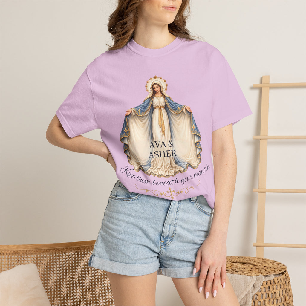 Personalized Marian Mantle Comfort Colors Tee – “Keep Them Beneath Your Mantle” Catholic Shirt