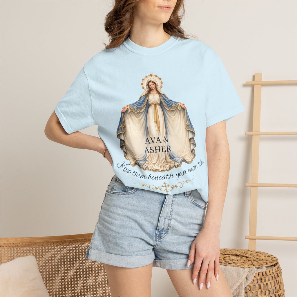 Personalized Marian Mantle Comfort Colors Tee – Keep Them Beneath Your Mantle Catholic Shirt