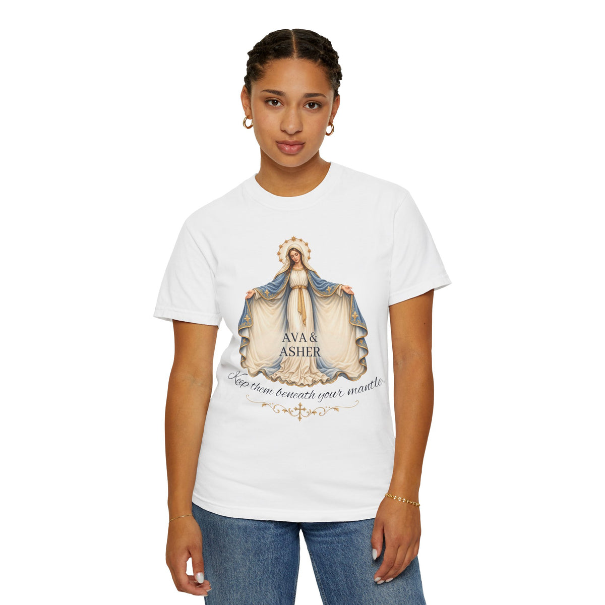 Personalized Marian Mantle Comfort Colors Tee – “Keep Them Beneath Your Mantle” Catholic Shirt