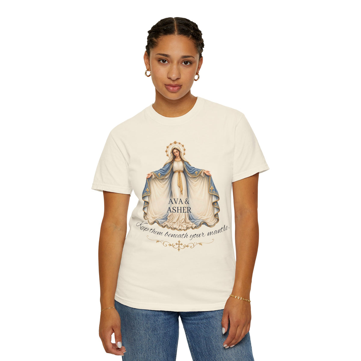 Personalized Marian Mantle Comfort Colors Tee – “Keep Them Beneath Your Mantle” Catholic Shirt