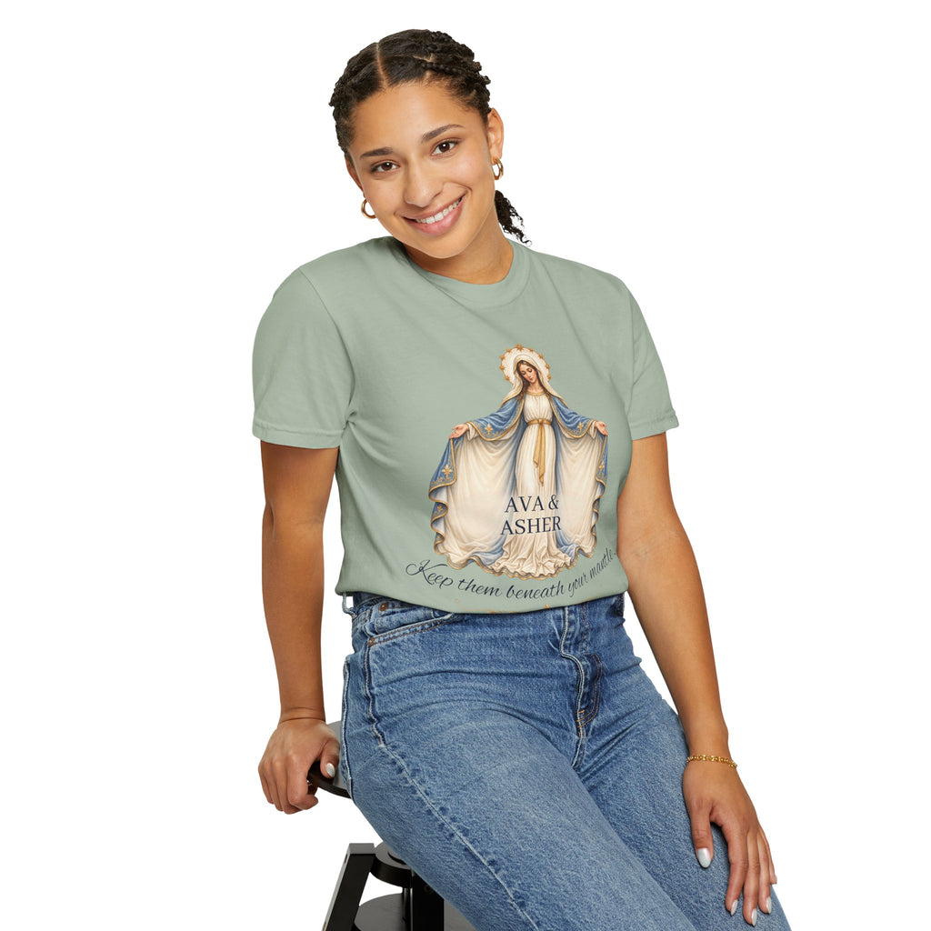 Personalized Marian Mantle Comfort Colors Tee – “Keep Them Beneath Your Mantle” Catholic Shirt