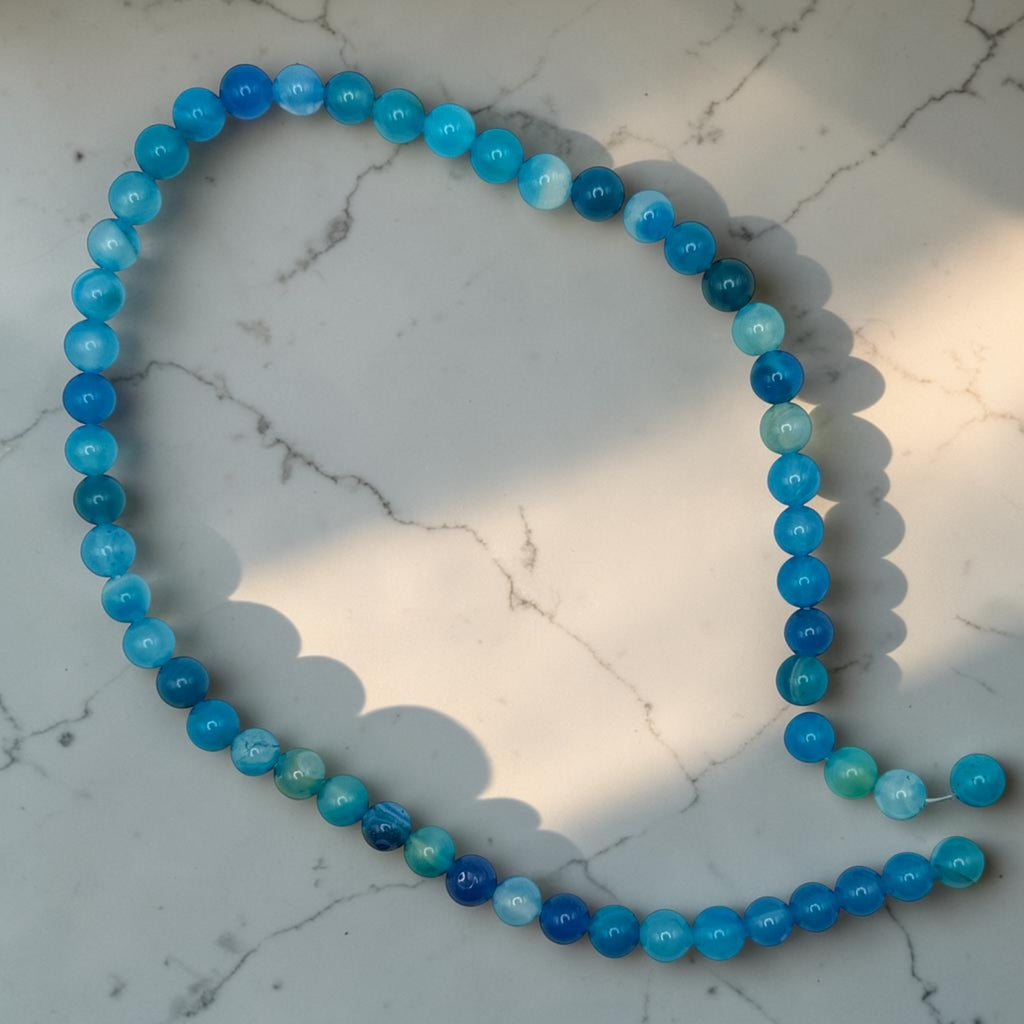 Full strand of striped blue agate beads for rosary making