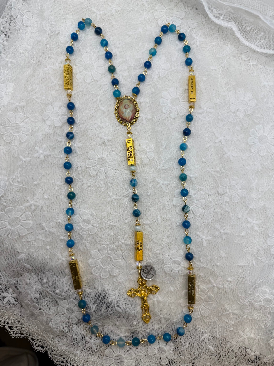 Full length blue agate and gold-tone Catholic rosary