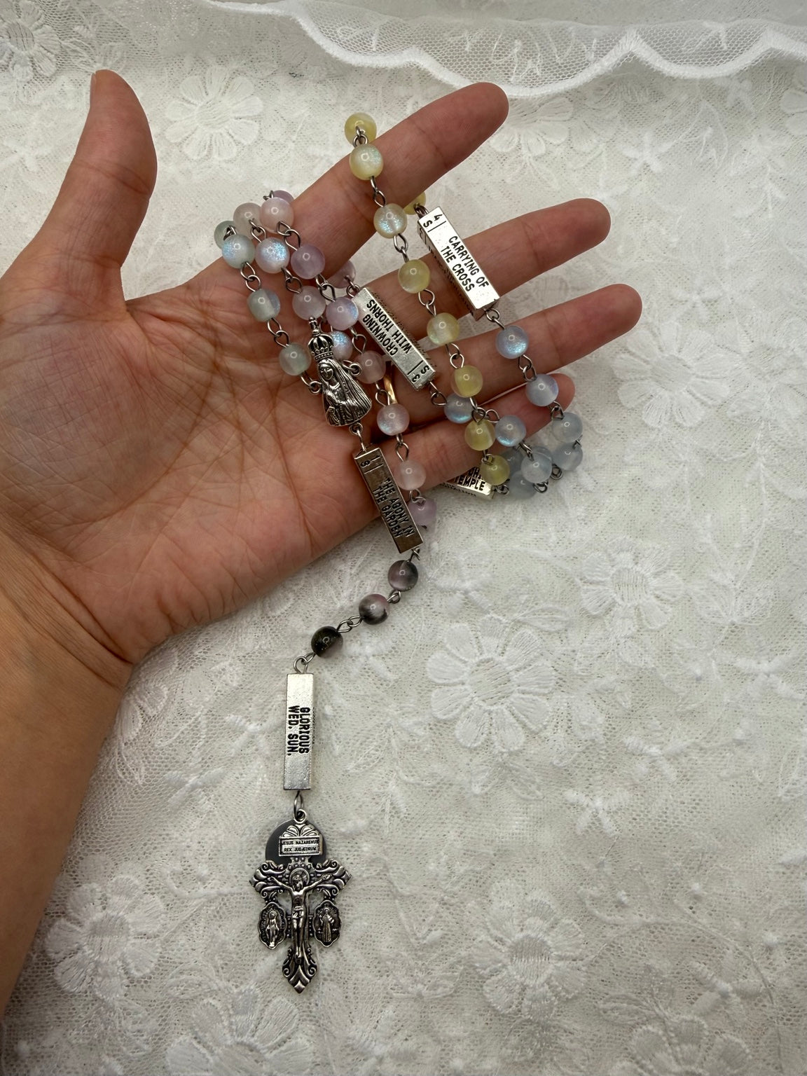 Handmade silver guided mystery rosary with pastel beads, view 1