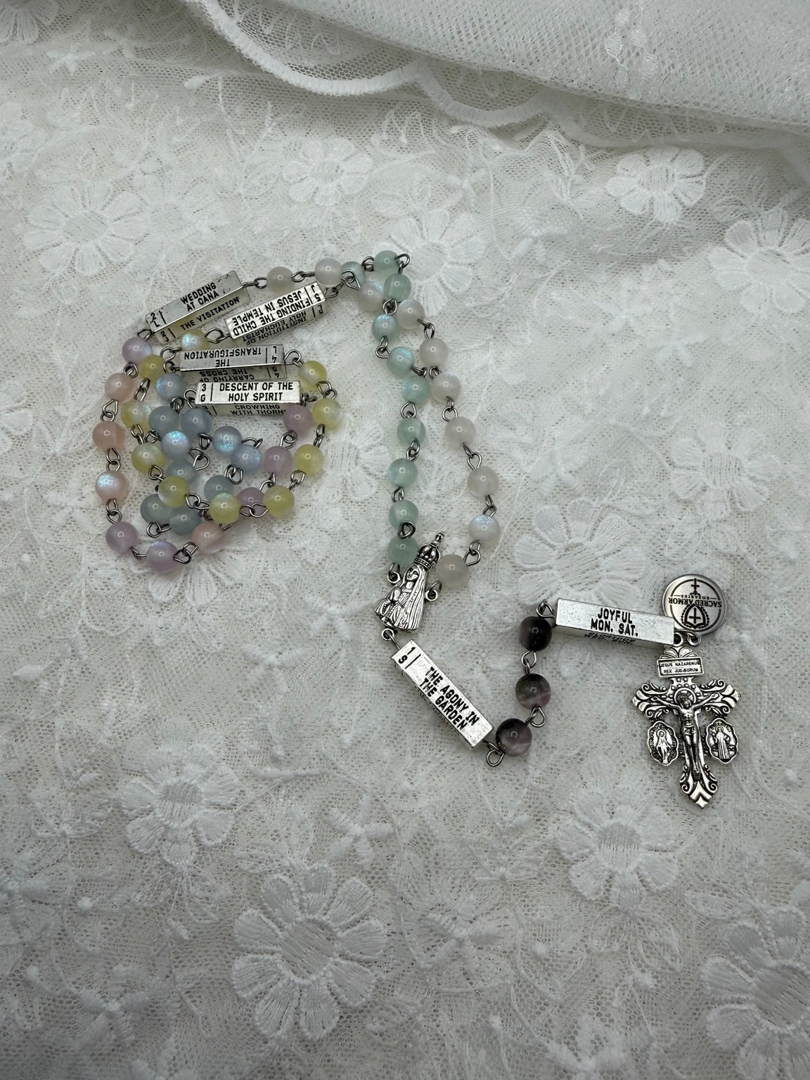 Handmade silver guided mystery rosary with pastel beads, view 2