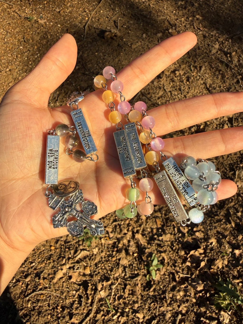 Handmade silver guided mystery rosary with pastel beads, view 3