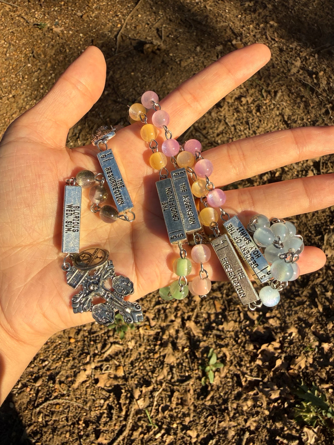 Handmade silver guided mystery rosary with pastel beads, view 3