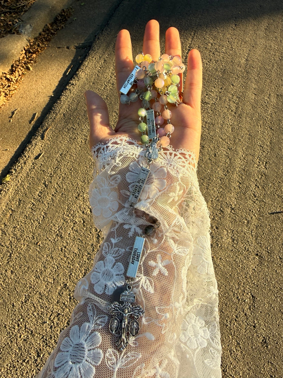 Handmade silver guided mystery rosary with pastel beads, view 4