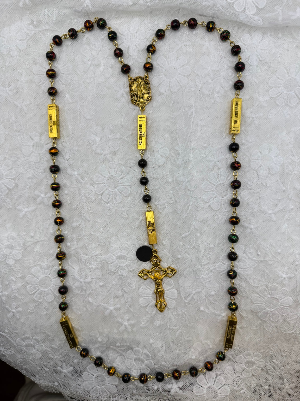 Full view black multicolor gold guided mystery rosary