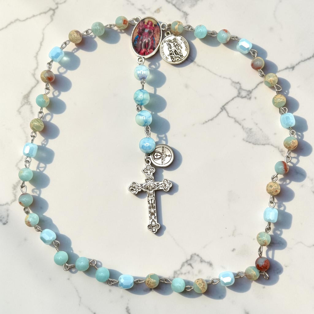 Aqua St. Michael Chaplet full view with marbled blue and tan beads