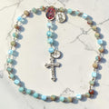 Aqua St. Michael Chaplet full view with marbled blue and tan beads