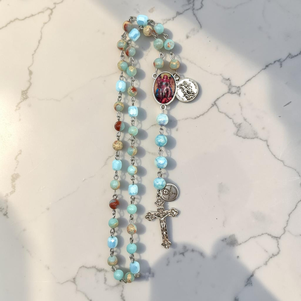 Aqua St. Michael Chaplet vertical view in natural light