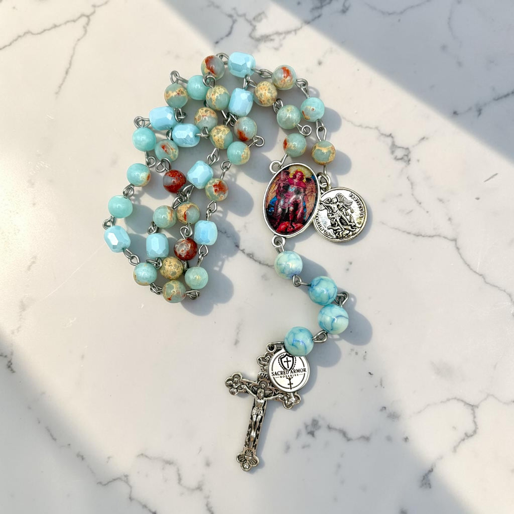 Aqua St. Michael Chaplet close-up with St. Michael centerpiece