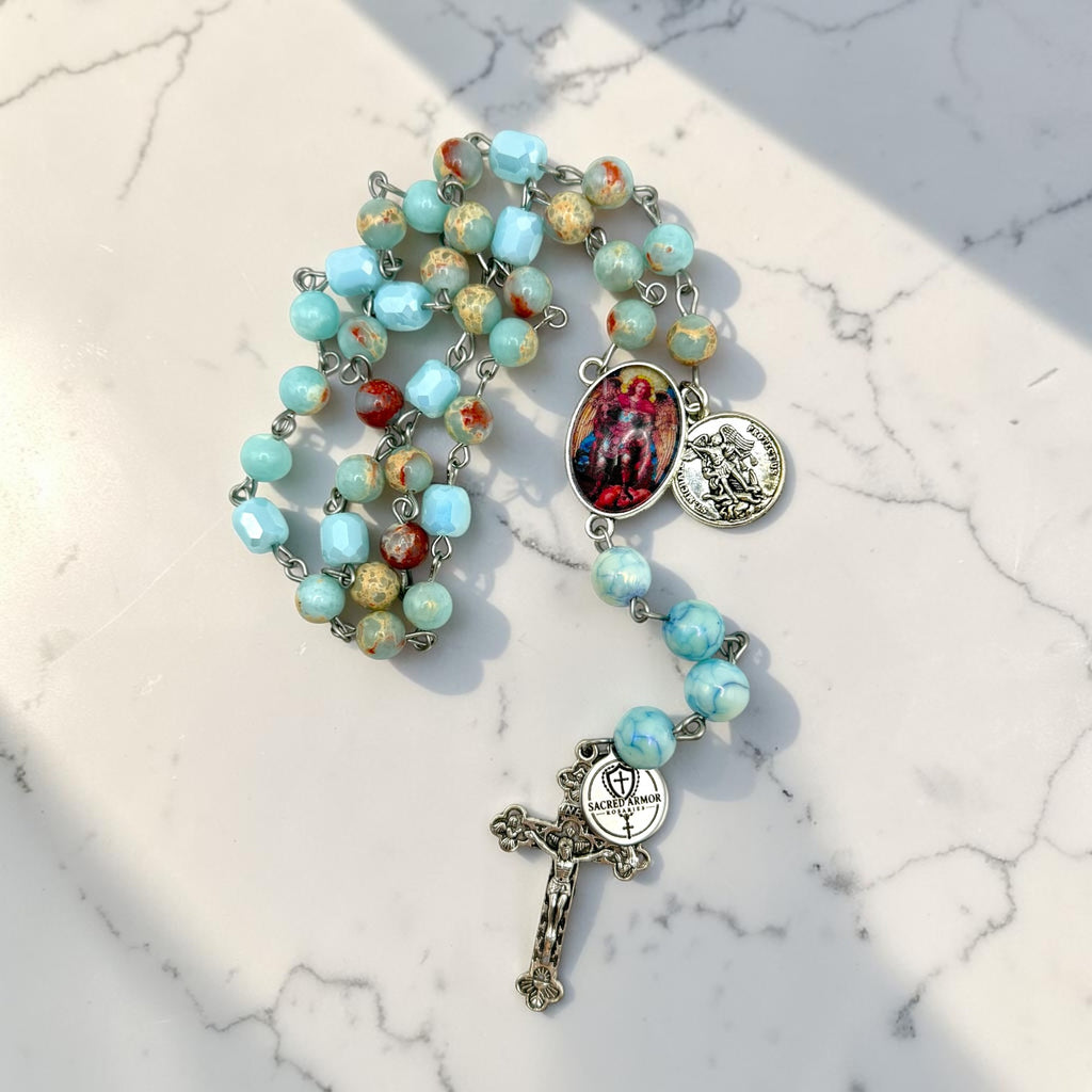 Aqua St. Michael Chaplet close-up devotional product photo