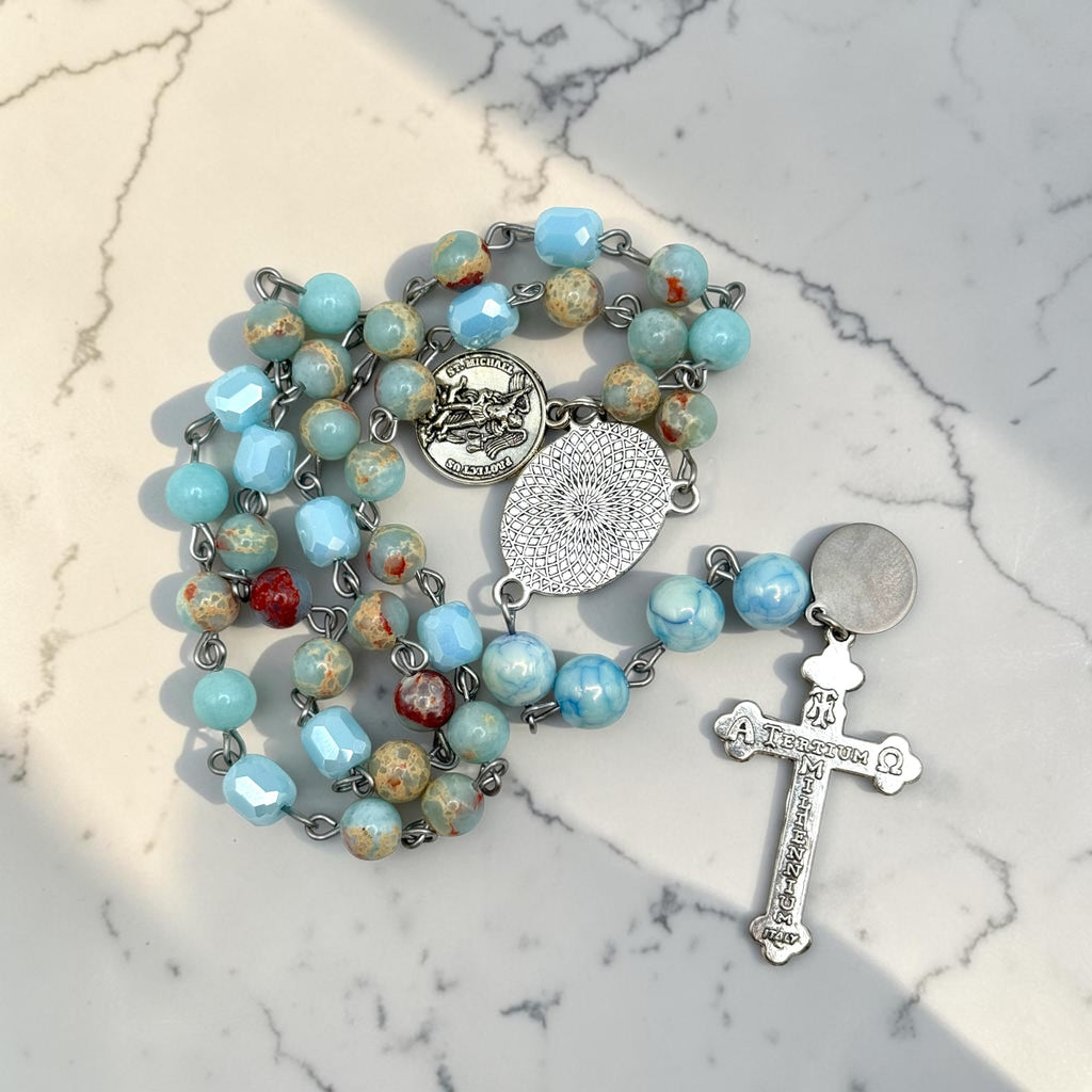 Aqua St. Michael Chaplet reverse side and crucifix detail