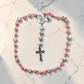 Pink floral St. Michael Chaplet full view with silver-tone crucifix
