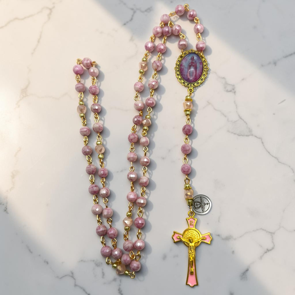 Rosa Mystica Chaplet vertical view with pink enamel crucifix