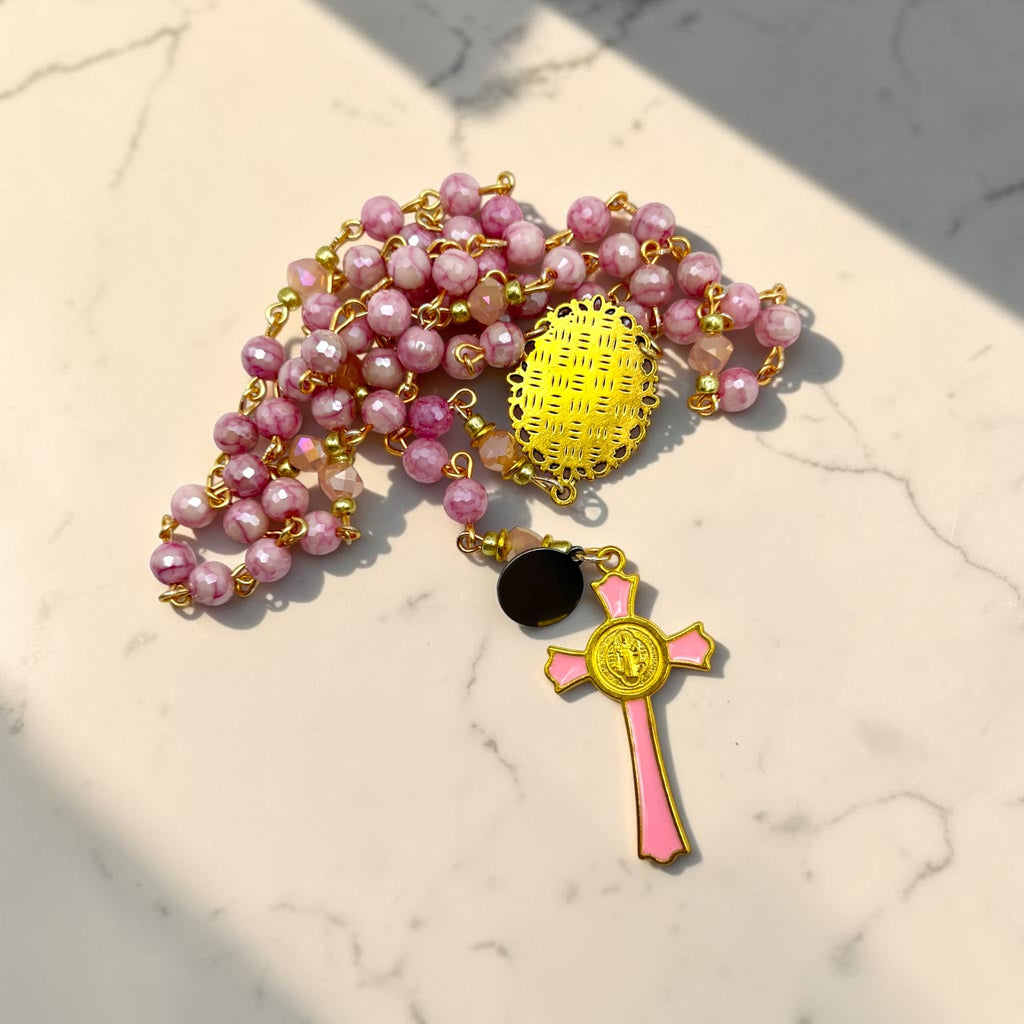 Rosa Mystica Chaplet reverse-side detail with pink and gold crucifix
