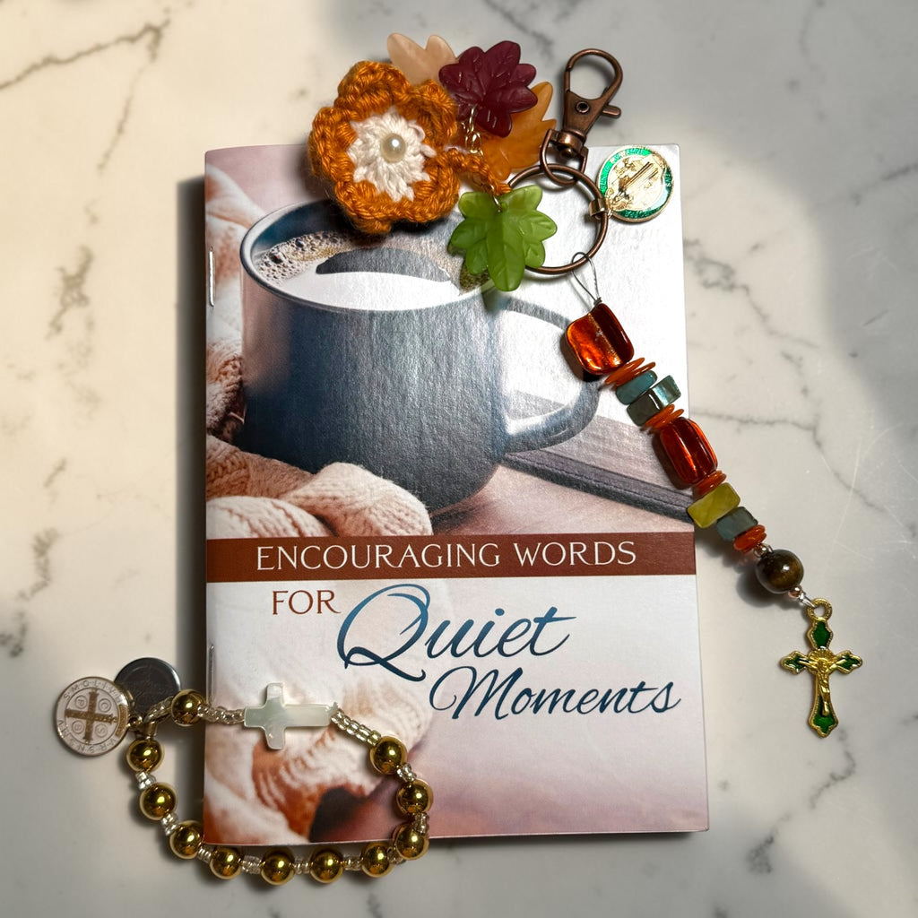 Fall Encouraging Words Catholic gift set alternate view with bracelet and autumn keychain