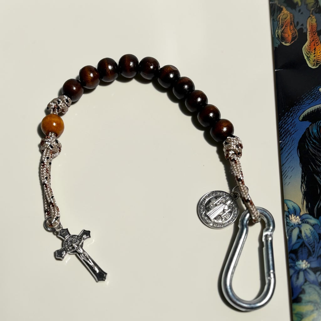 Wooden St. Benedict decade rosary with carabiner and silver-tone crucifix