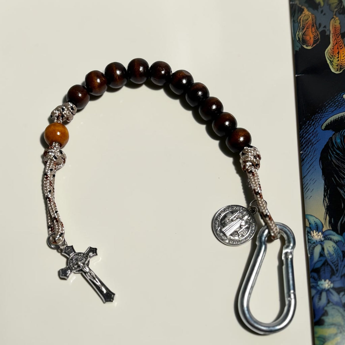 Wooden St. Benedict decade rosary with carabiner and silver-tone crucifix