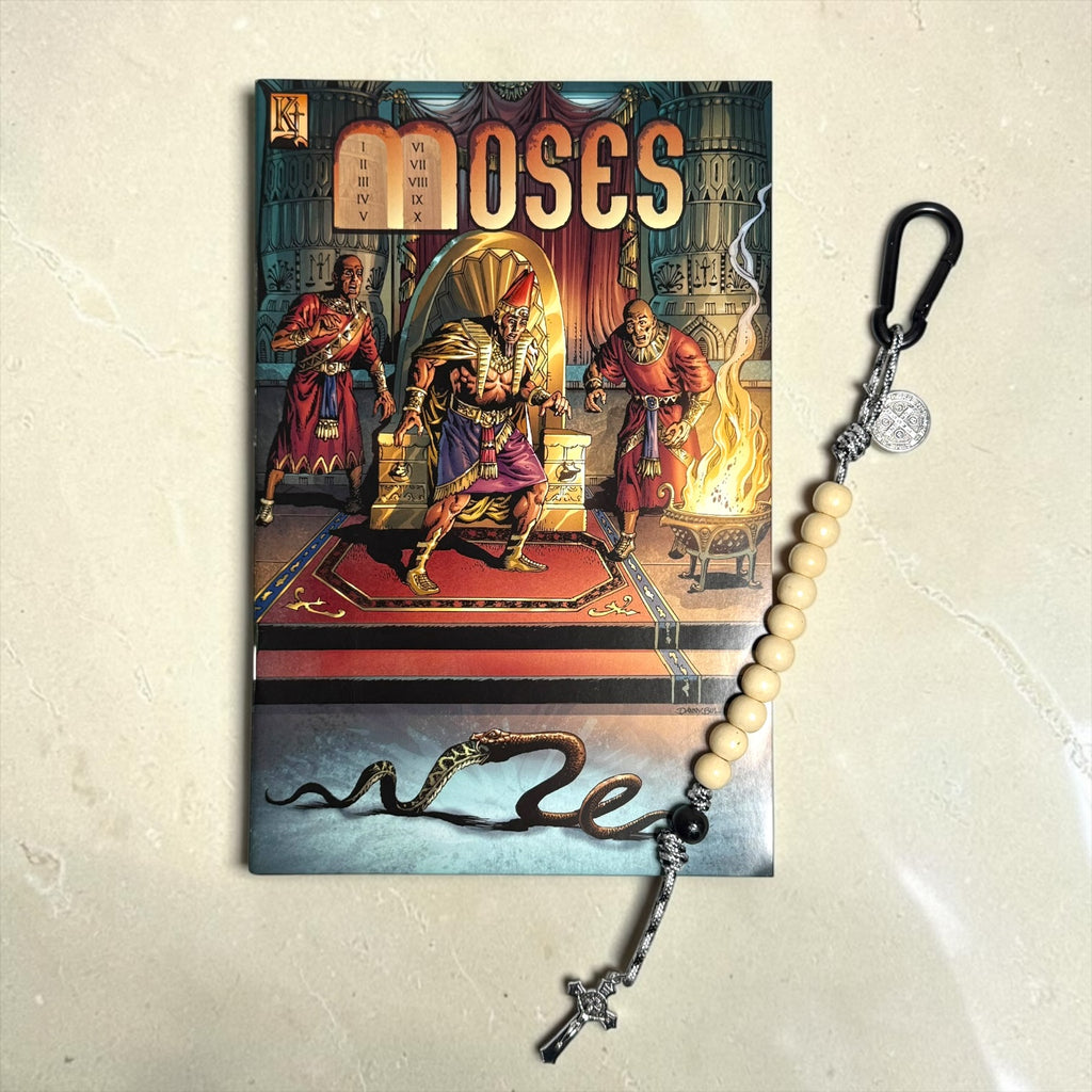 Moses Christian comic book with wooden St. Benedict decade rosary and black carabiner