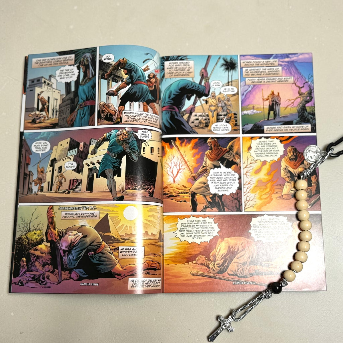 Moses Christian comic book interior with wooden St. Benedict decade rosary