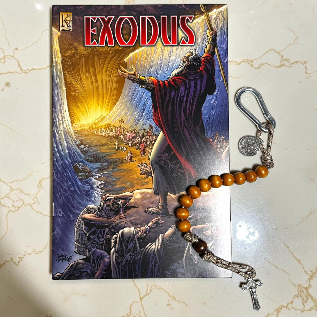 Exodus Christian comic book with wooden St. Benedict decade rosary and silver carabiner