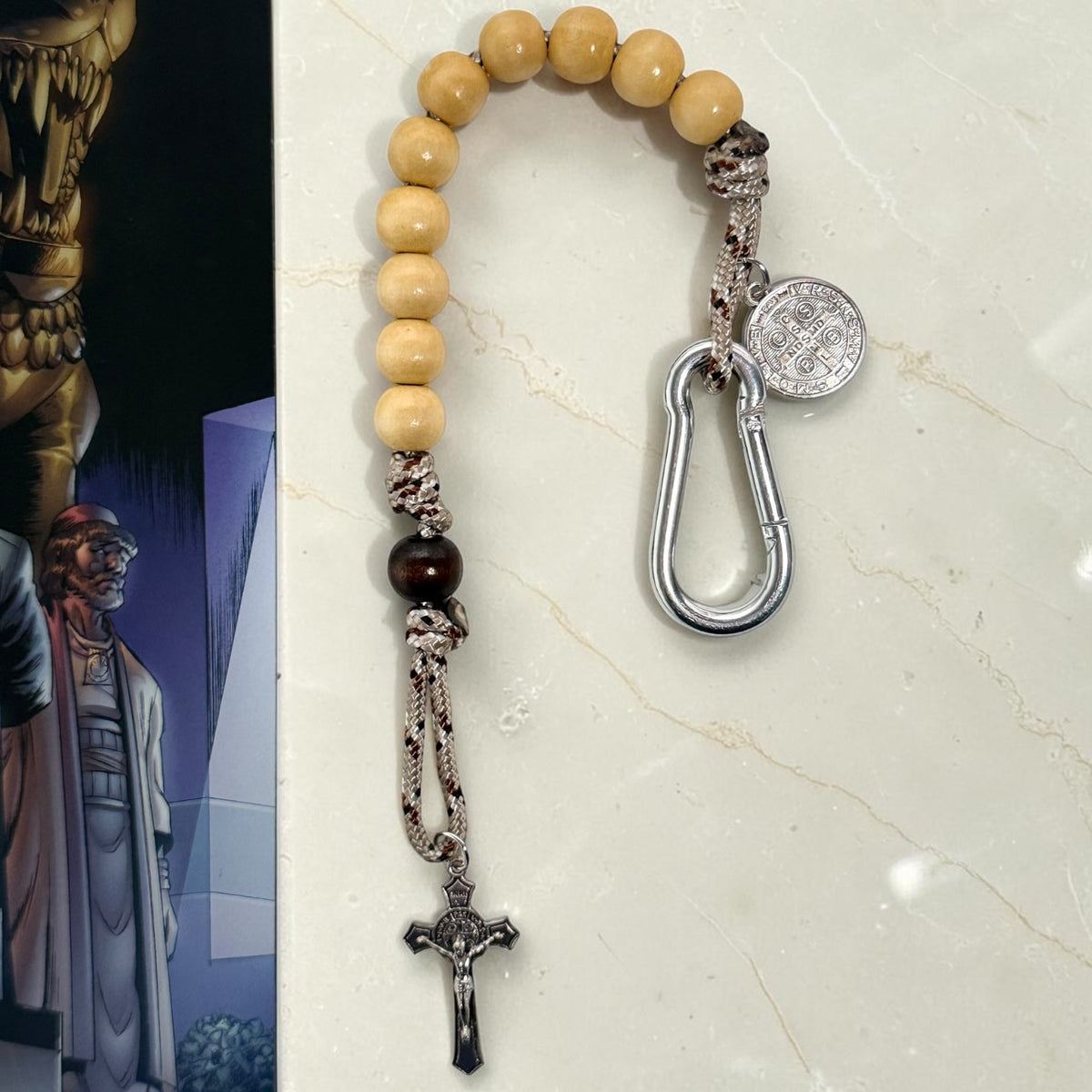 Wooden St. Benedict decade rosary with light wood beads, silver carabiner, and silver-tone crucifix