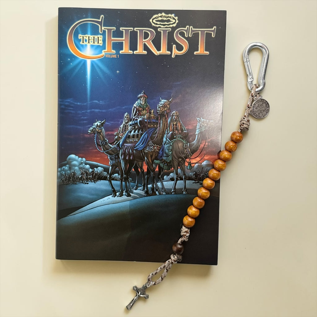 The Christ Volume 1 Christian comic book with wooden St. Benedict decade rosary and silver carabiner