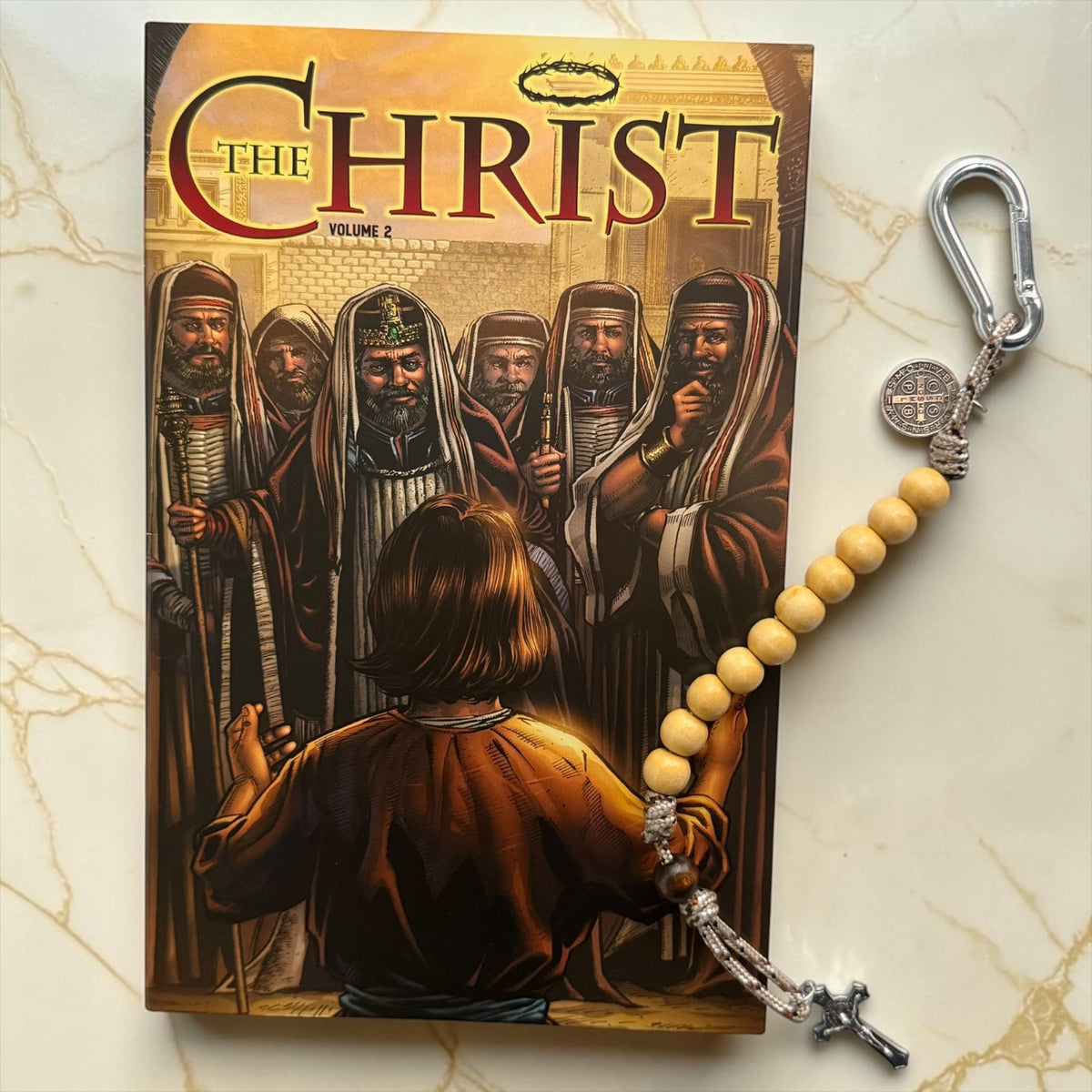 The Christ Volume 2 Christian comic book with wooden St. Benedict decade rosary and silver carabiner