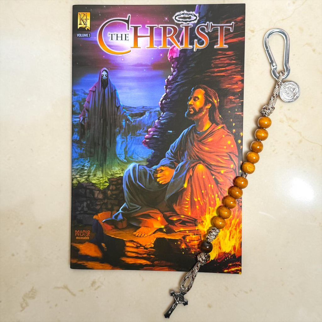 The Christ Volume 3 Christian comic book with wooden St. Benedict decade rosary and silver carabiner