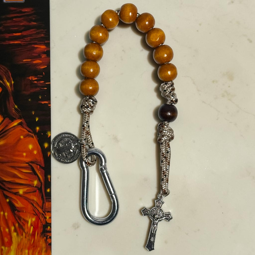 Wooden St. Benedict decade rosary with warm wood beads, silver carabiner, and silver-tone crucifix