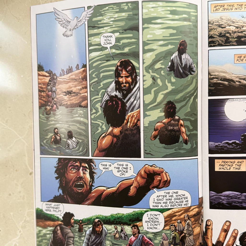 The Christ Volume 3 Christian comic book interior featuring the baptism of Jesus