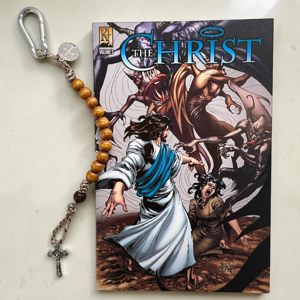 The Christ Volume 5 Christian comic book with wooden St. Benedict decade rosary and silver carabiner