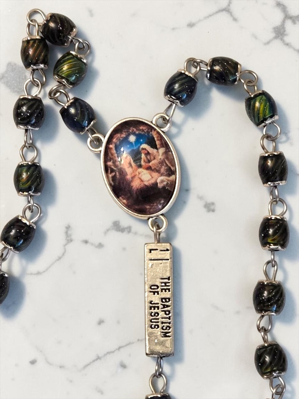 Mood color-changing guided mystery rosary centerpiece and Baptism of Jesus mystery marker
