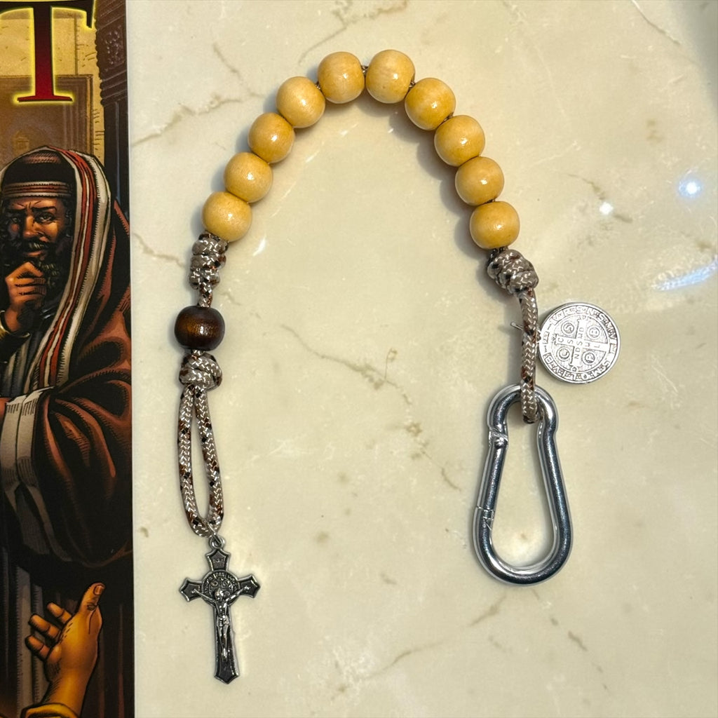 Wooden St. Benedict decade rosary with light wood beads, silver carabiner, and silver-tone crucifix