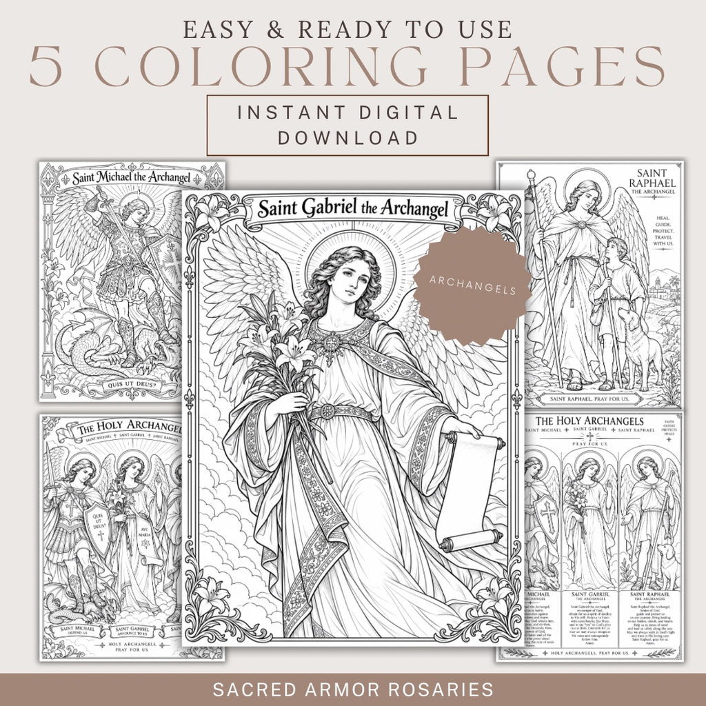 Five Archangels printable coloring pages digital download bundle by Sacred Armor Rosaries