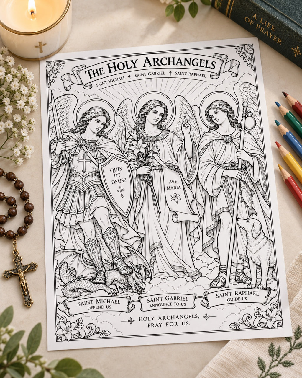 Holy Archangels printable coloring page mockup with Saint Michael Saint Gabriel and Saint Raphael