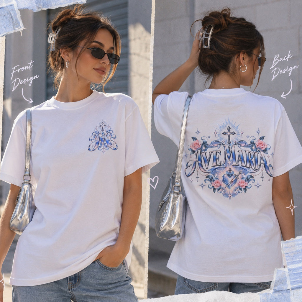Ave Maria Y2K Marian T-shirt showing both the front and back designs