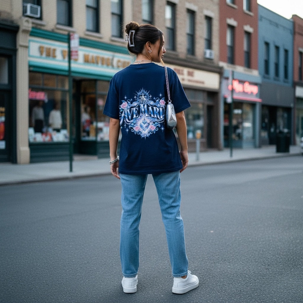 Woman wearing navy Ave Maria Y2K Marian T-shirt showing the large back design