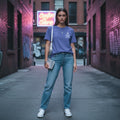 Woman wearing periwinkle Ave Maria Y2K Marian T-shirt with small front chest design
