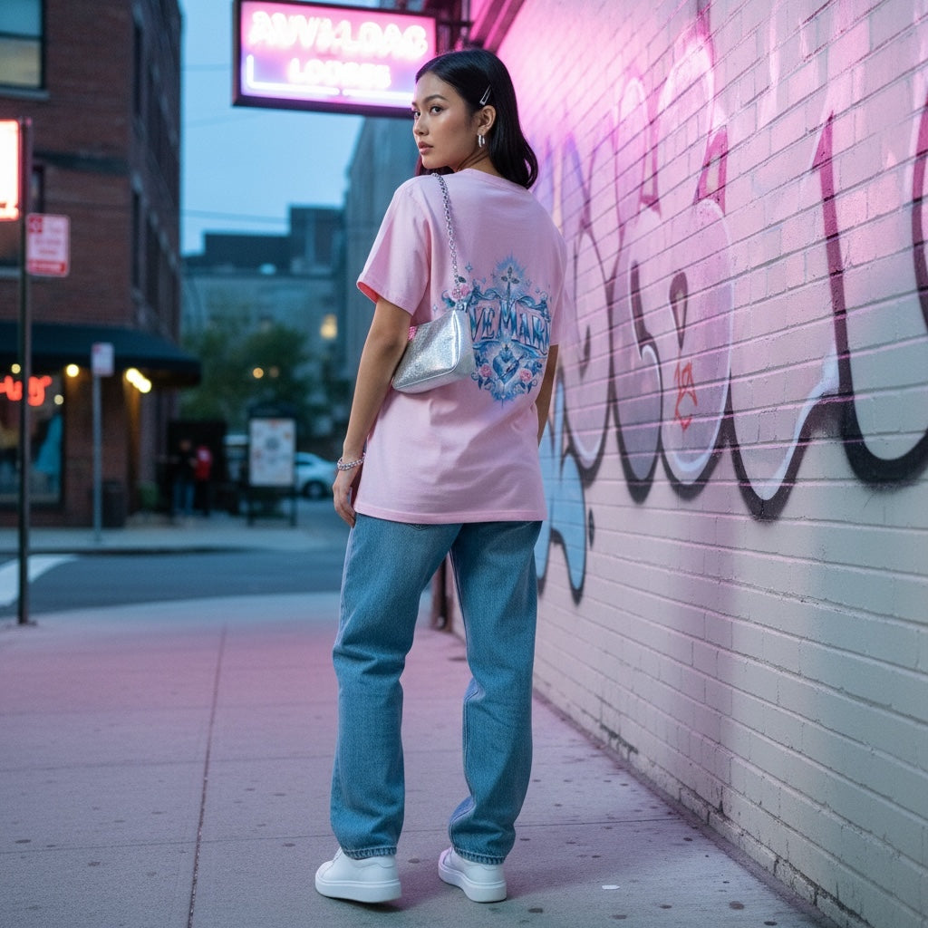 Woman wearing pink Ave Maria Y2K Marian T-shirt showing the large Ave Maria back design