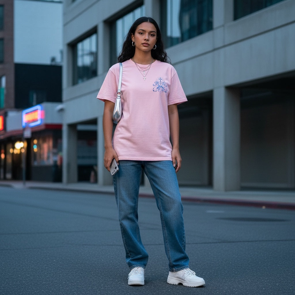 Woman wearing pink Ave Maria Y2K Marian T-shirt with small front chest design