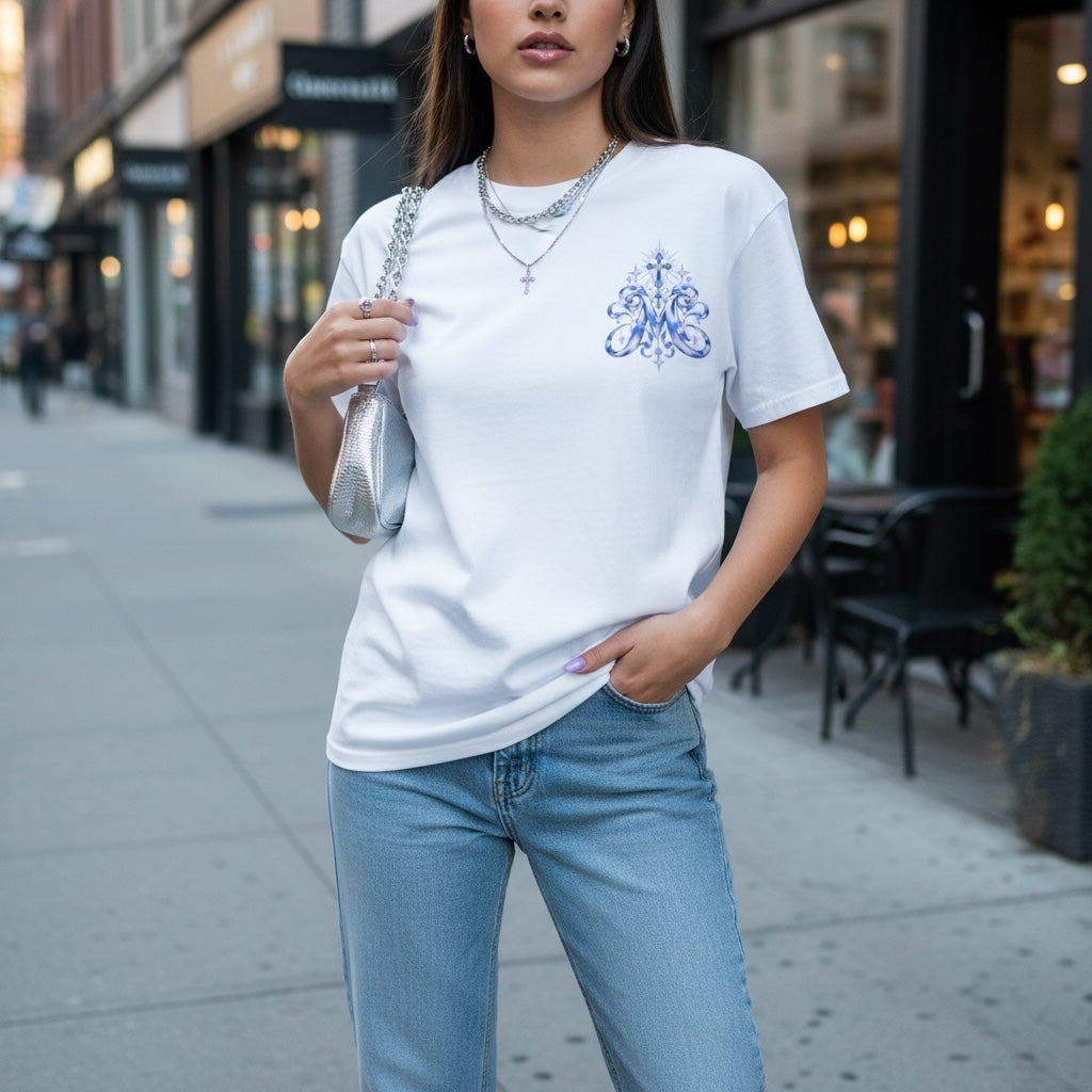 Close view of white Ave Maria Y2K Marian T-shirt with small front chest design